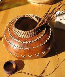 Gourd Vessel Dyed With Transtint Dye. never Ending Closed Coiling on Rim. 